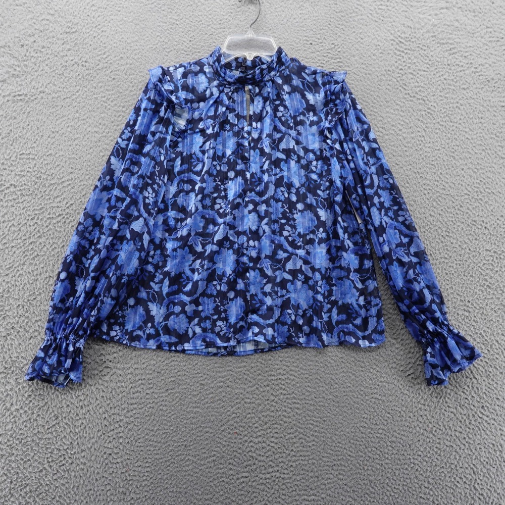 French Connection Blue Floral Ruffle Mock Neck Long Sleeve Blouse Size 6 NEW